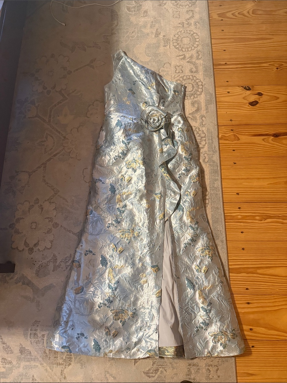 Adrianna Papell One-Shoulder Silver Floral Brocade Gown with Gold Accents